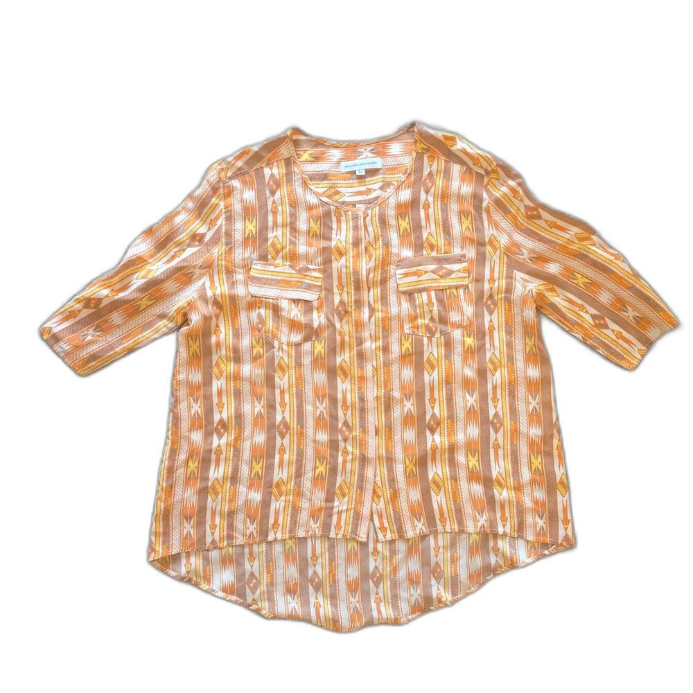 Amanda Uprichard Orange 3/4 Sleeve 100% Silk Southwestern Print Blouse Sz L